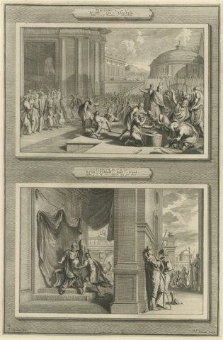 Punishment of Adonibezek and Ehud Kills Eglon, Mortier Bible circa 1700