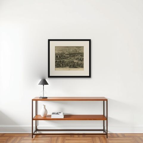 Antique Bible Print the Punishment of Korah, Dathan and Abiram by J. Luyken, shown framed on a wall, true to size