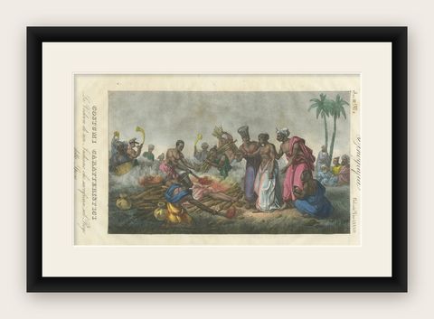 Historical Depiction of a Widow's Sacrifice on a Funeral Fire in India, 1827, shown framed
