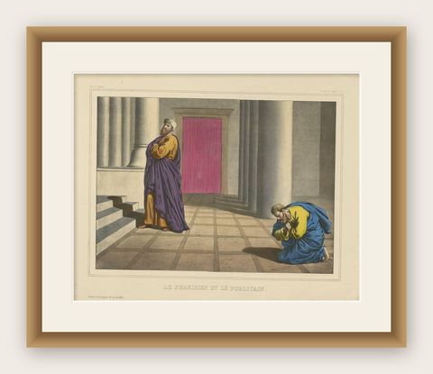 Antique Religious Print 'No. 16' The Pharisee and the Publican, circa 1840, shown framed