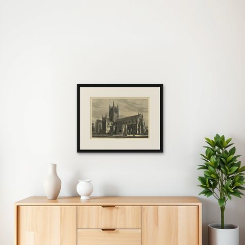 Antique Print of Worcester Cathedral from the Illustrated London News, 1880, shown framed on a wall, true to size