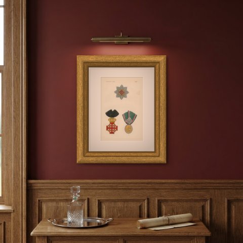 Holy Land and Tunis, Jerusalem Cross and Tunisian Badge, Plate LXXXII, 1844, shown framed on a wall, true to size