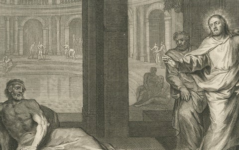 Antique Religious Engravings, Christ Healing at Bethesda & Feeding 5000, c.1700, close-up 2