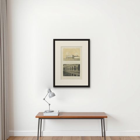 Antique lithograph views of Lima, Penitentiary & San Francisco Convent, 1865, shown framed on a wall, true to size