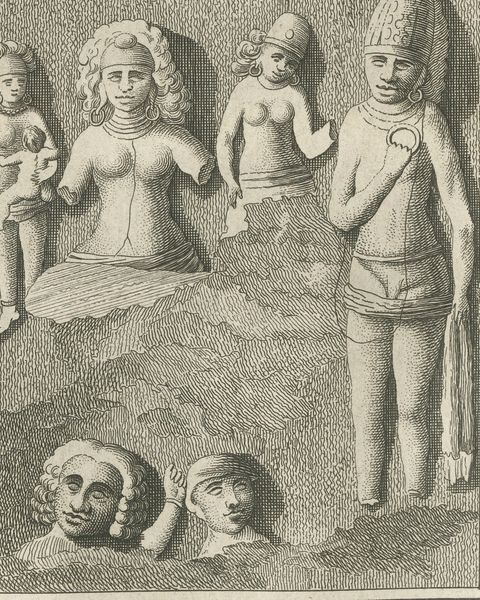 Elephanta Cave Sculptures at Stations 6 and 12, Antique Print, 1780, close-up 2