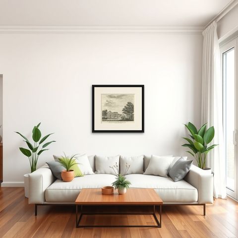 Antique Print of Two Jewish Synagogues in Amsterdam, The Netherlands, c.1760, shown framed in a room, true to size