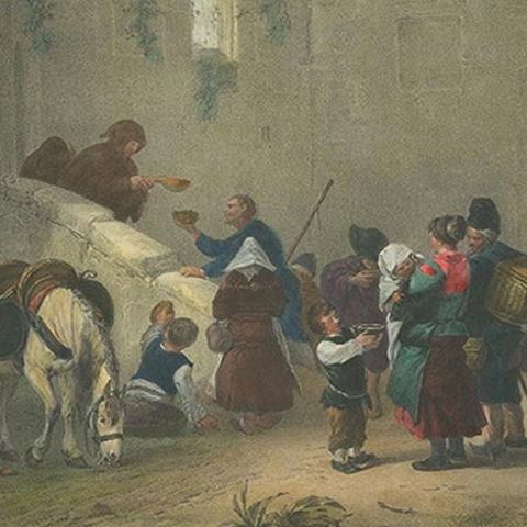 Antique Print of Travellers Halting at a Convent, circa 1840, close-up 2