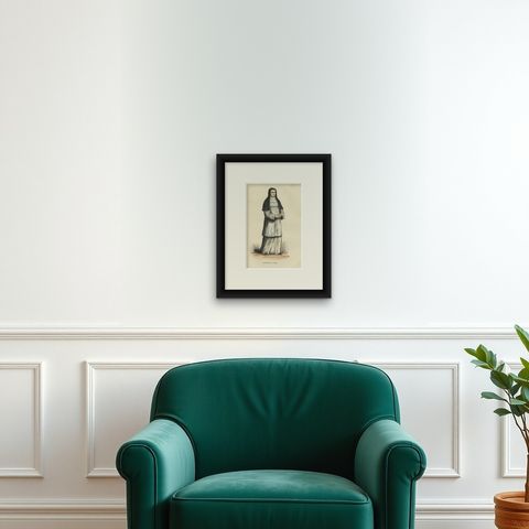 Antique Print of a Canoness of Saint John Lateran, 1845, shown framed on a wall, true to size