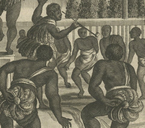 Ritual Dance in Brazil in the 17th Century on a Copper Engraving by Montanus, close-up 3