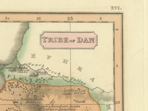 Hand-Colored Antique Map of the Tribe of Dan, James Wyld, 1823, close-up 1