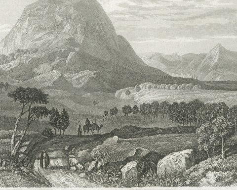 Antique Steel Engraved View of Mount Tabor, Holy Land, circa 1850, close-up 1
