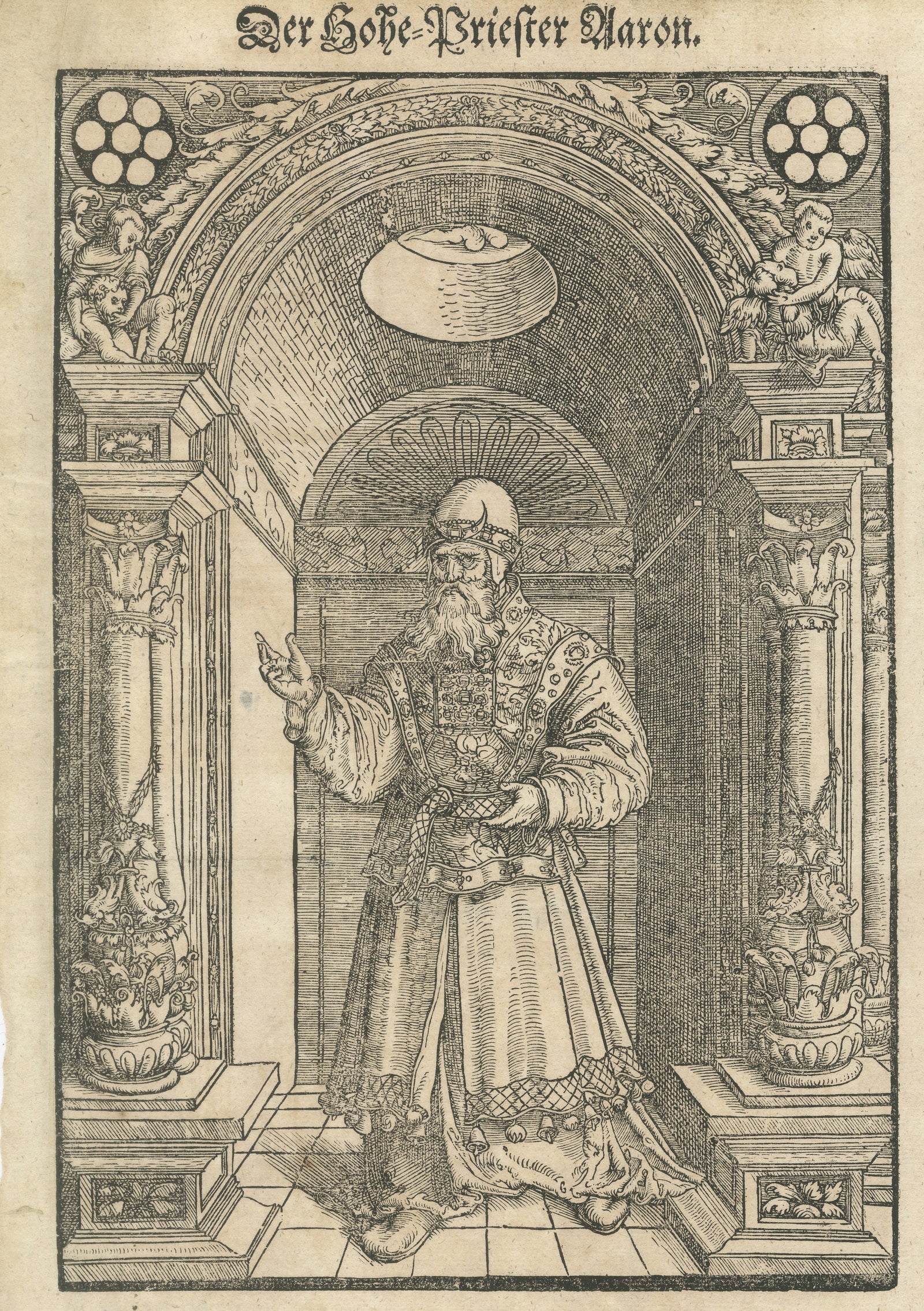 Rare 16th Century Biblical Woodcut of Aaron the High Priest, c.1560 to 1580