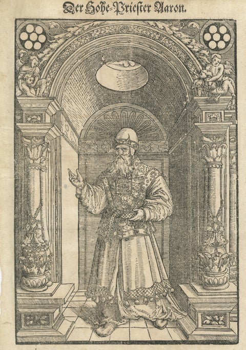 Rare 16th Century Biblical Woodcut of Aaron the High Priest, c.1560 to 1580