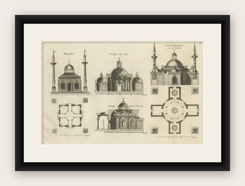 Antique Copper Engraving Showing Two Mosques, ca.1785, shown framed