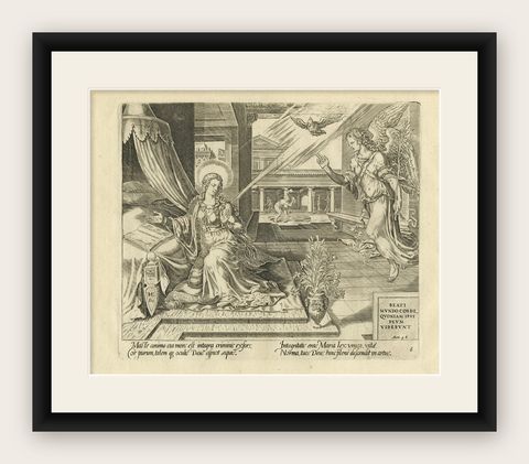 Mary Visited by an Angel, Antique Biblical Engraving, Visscher, 1674, shown framed