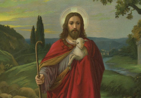 Christ the Shepherd, Beautiful Catholic Chromolithograph Artwork, ca.1900, close-up 1