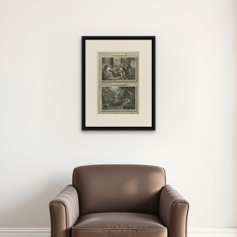 Birth of John the Baptist & Angel Appearing to Joseph, Pieter Mortier, ca. 1700, shown framed on a wall, true to size