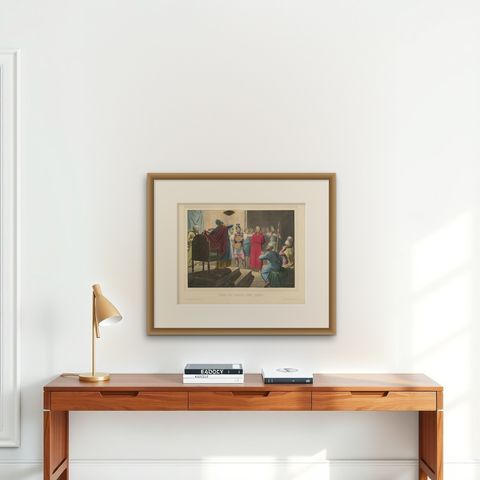 Antique Religious Print 'No. 29' Jesus before Caiaphas, circa 1840, shown framed on a wall, true to size