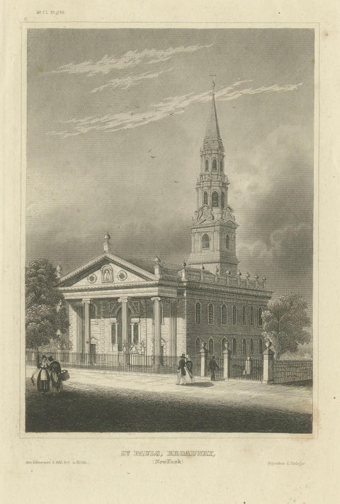 St Paul’s Broadway New York, Antique Engraving Church View, ca.1850, close-up 1