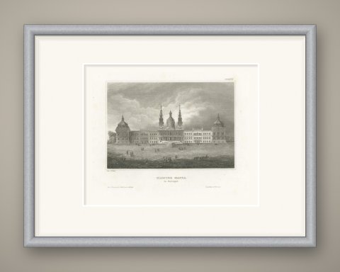The Monastery Palace of Mafra, Portugal, Antique Architectural View, circa 1850, shown framed