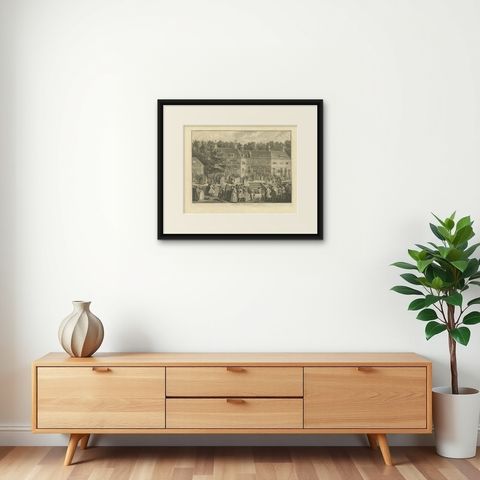 Antique Print of the Baptism of Christians by Bernaerts, 1736, shown framed on a wall, true to size