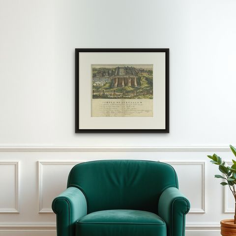 Jerusalem Engraved Handcolored Old Print of Solomon's Temple by De Hooghe, 1715, shown framed on a wall, true to size