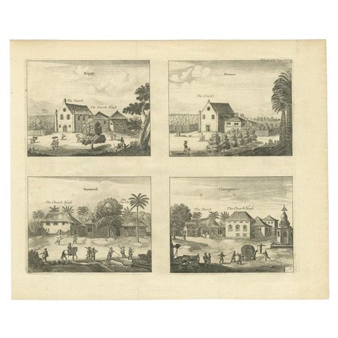 Antique Print of Various Churches on Ceylon by Churchill, 1744