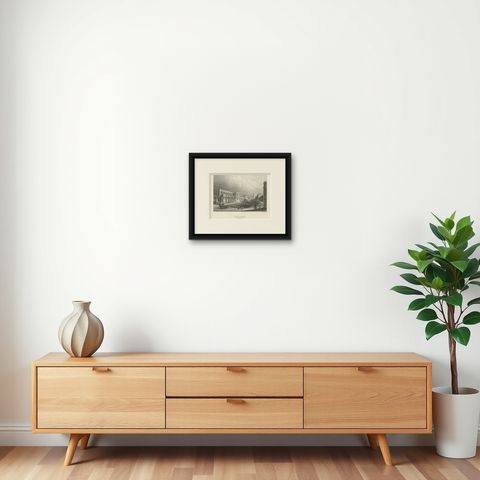 Antique Print of St. George's Chapel of Windsor, England, c.1850, shown framed on a wall, true to size