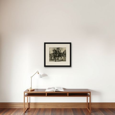 Two Original Japanese Engravings on One Sheet, Soldiers & a Priest, 1669, shown framed on a wall, true to size