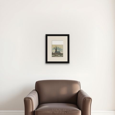 Antique Print of the 'Zuiderkerk' a Church in Amsterdam, 1729, shown framed on a wall, true to size