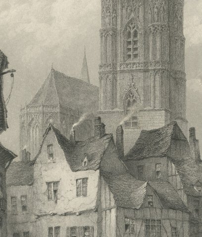 Cathedral at Rodez, France after L.J. Wood, Antique Steel Engraving, circa 1878, close-up 3
