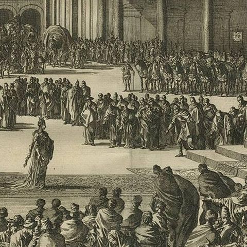 Antique Bible Print the Queen of Sheba Visits Solomon by J. Luyken, 1743, close-up 2