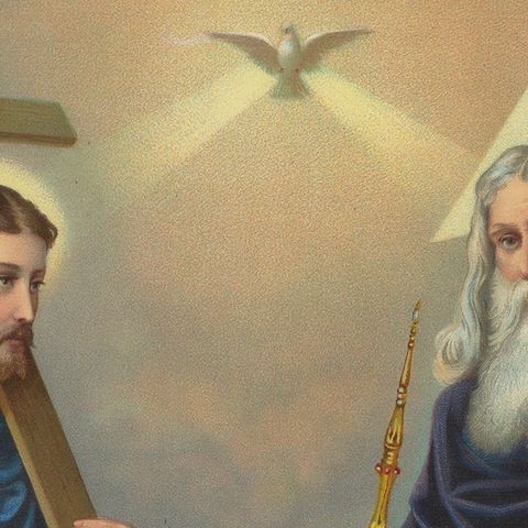 Holy Trinity Enthroned in Heaven, Antique German Chromolithograph c.1900, close-up 4