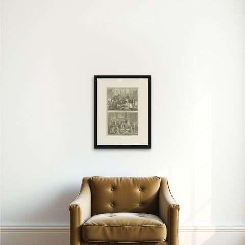 Maundy Thursday and Good Friday Rites, Old 1734 Catholic Engraving of Holy Week, shown framed on a wall, true to size