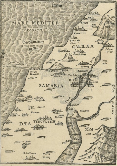 Rare 16th Century Holy Land Woodcut Map by Heinrich Bünting, circa 1581, close-up 1
