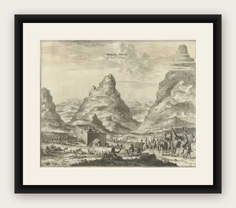 Rare Engraving of Mount Sinai with St. Catherine's Monastery and Bedouins, 1680, shown framed