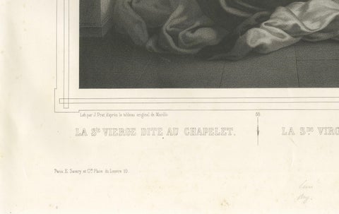 Madonna and Child with Rosary, Antique French Religious Print, c.1850, close-up 2