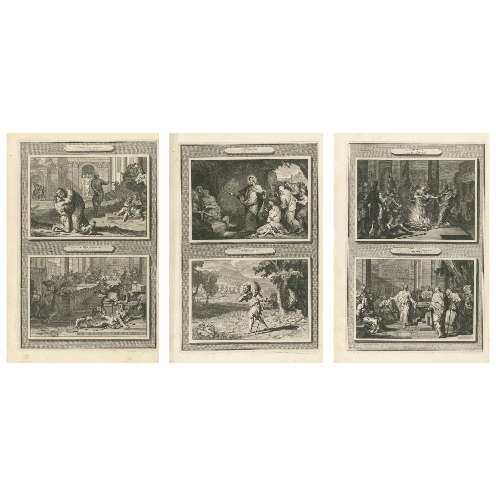 Dutch Baroque Biblical Engravings, 3 Double-Scene Plates by Pieter Mortier, 1700