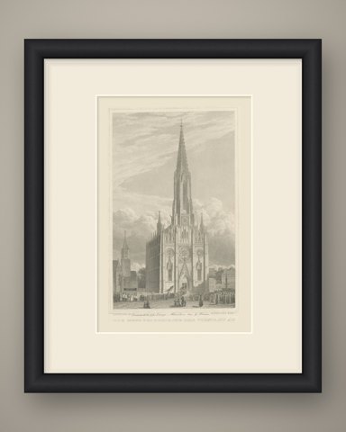 Mariahilfkirche, Au, Munich, Antique Steel Engraving after L. Lange, circa 1840, shown framed