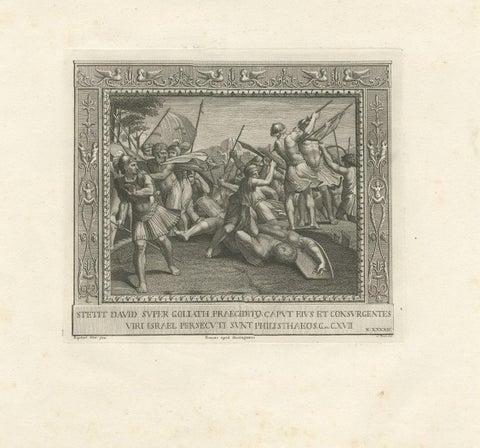 Old Religion Engraving of the Consecration of David and of David and Goliath, close-up 2