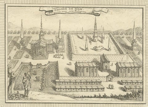 Engraving of Thai Buddhist Temple and Monastery in Ayutthaya, Siam, 1751, close-up 4