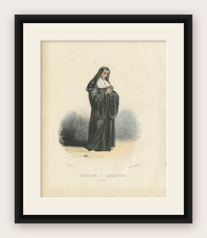 Meditative Serenity: Handcolored Print of a Benedictine Nun, 1862, shown framed
