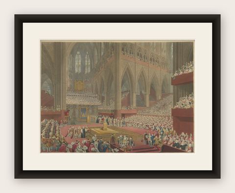 Hand-Coloured Engraving of George IV’s Coronation at Westminster Abbey, 1822, shown framed