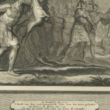 Death of Absalom and the Head of Sheba over the Wall, Pieter Mortier, circa 1700, close-up 2