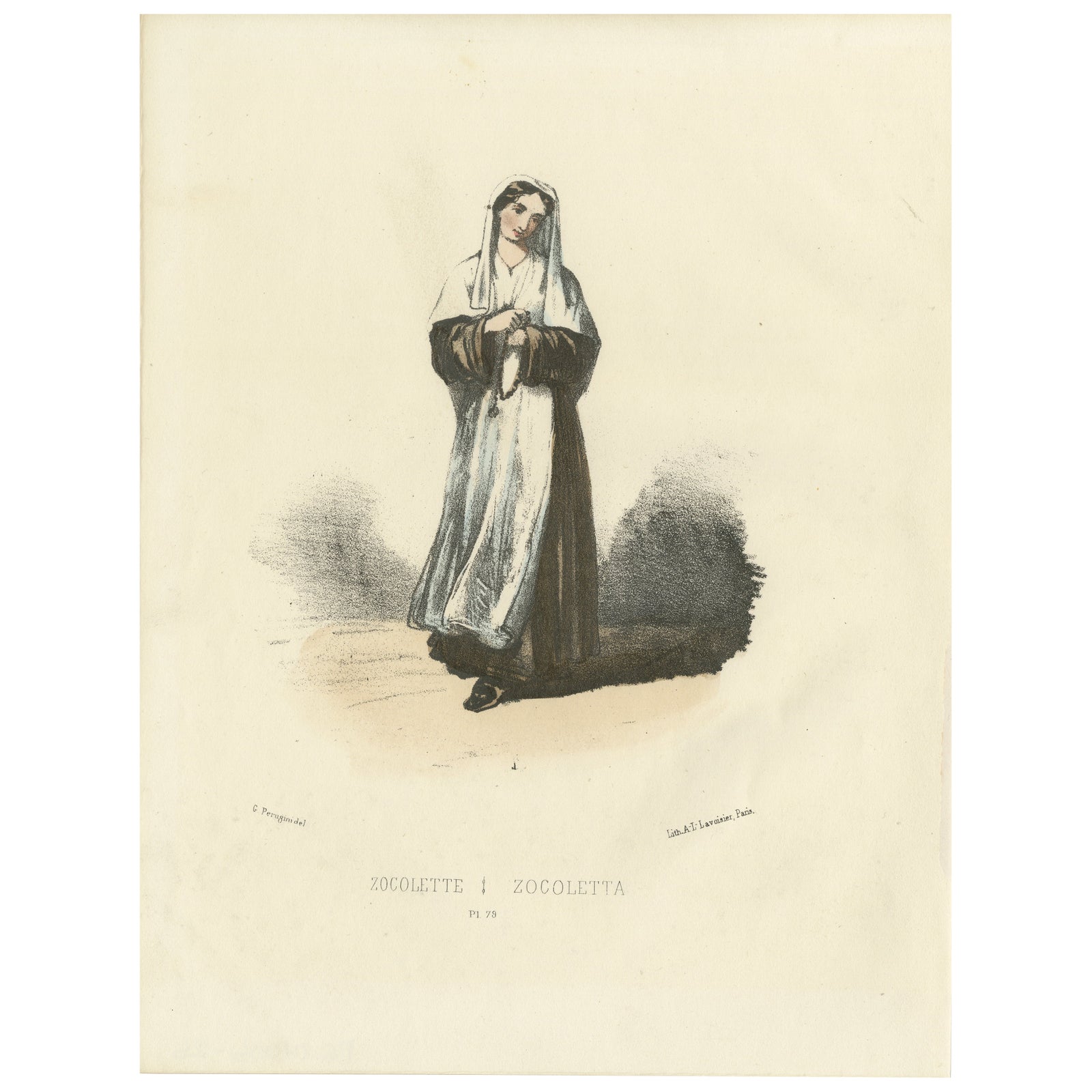 Graceful Simplicity: Handcolored Print of a Zocolette Nun, Plate 79, 1862