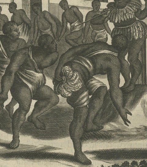 Ritual Dance in Brazil in the 17th Century on a Copper Engraving by Montanus, close-up 4
