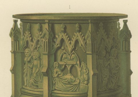 Würzburg Bronze Font and Rouen Lead Lavabo, Antique Print, 1851, close-up 2