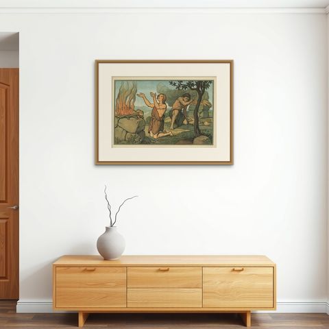 Antique Religion Print of Cain and Abel, 1913, shown framed on a wall, true to size