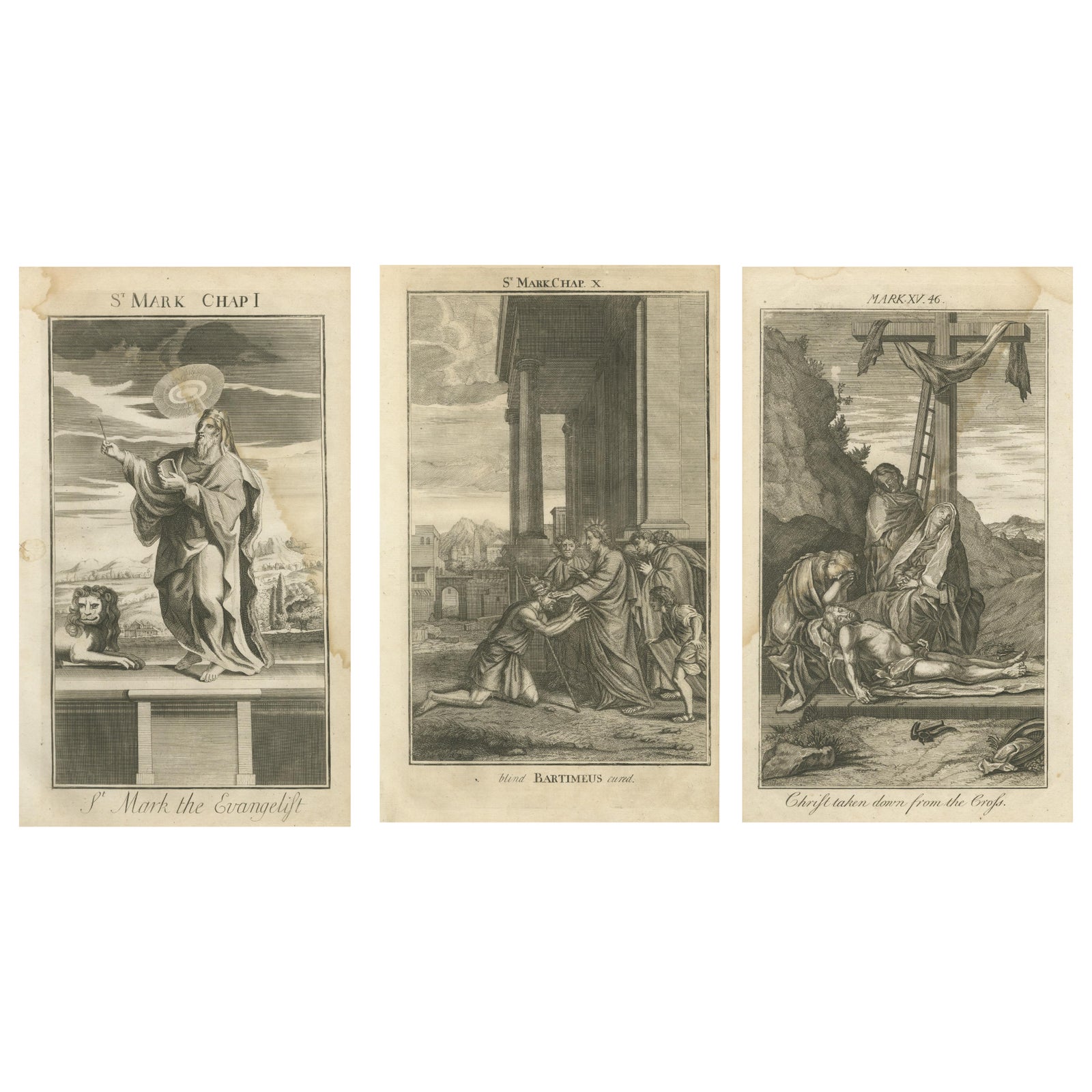 Biblical Engravings, St. Mark, Healing Bartimeus & Descent from the Cross, 1735
