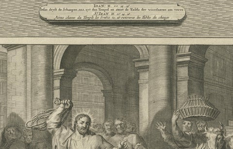 Miracles of Christ, Wedding at Cana & Cleansing of the Temple, P. Mortier, 1700, close-up 2